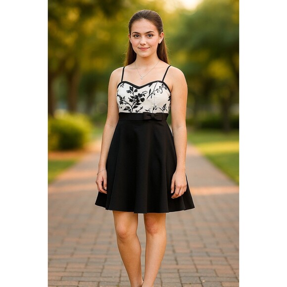 Black & White Floral Mini Dress – Petite 14 Spaghetti Strap Fit & Flare Cocktail - Picture 1 of 14